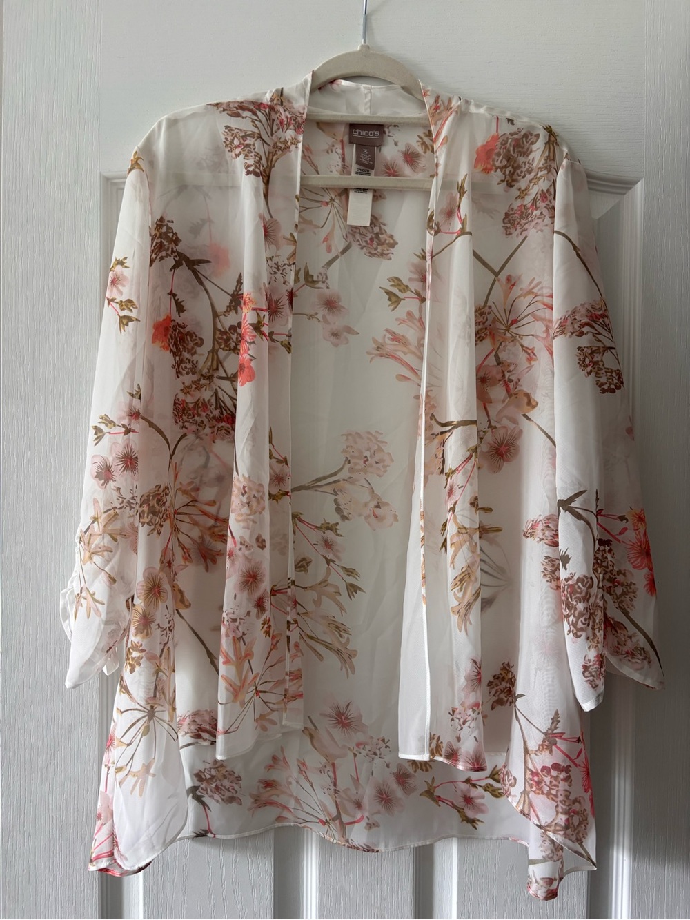 Chico's Sheer Floral Kimono in White with Pink & Brown Floral Print
